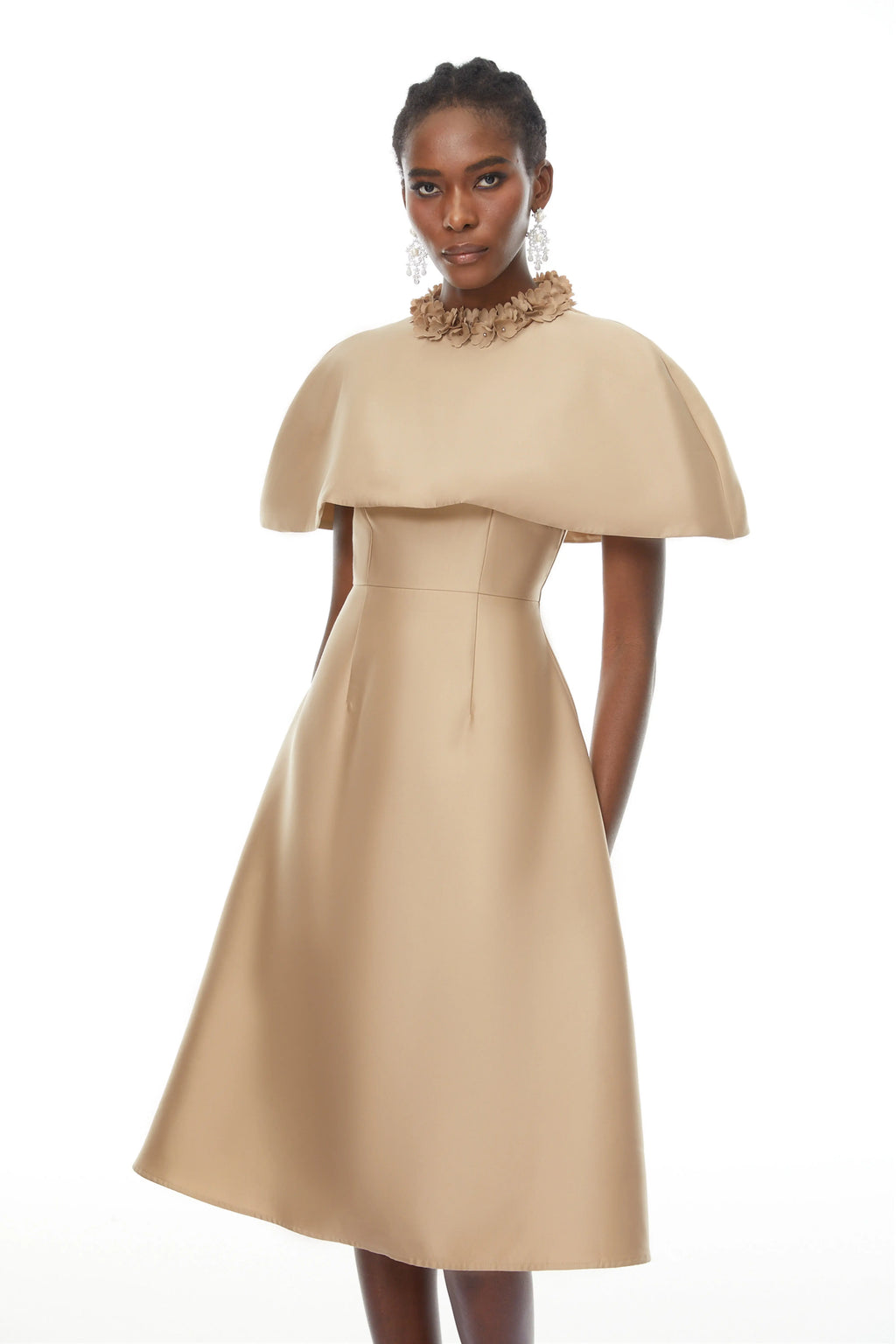 michelle Khaki Cape Satin Midi Dress Avalabel