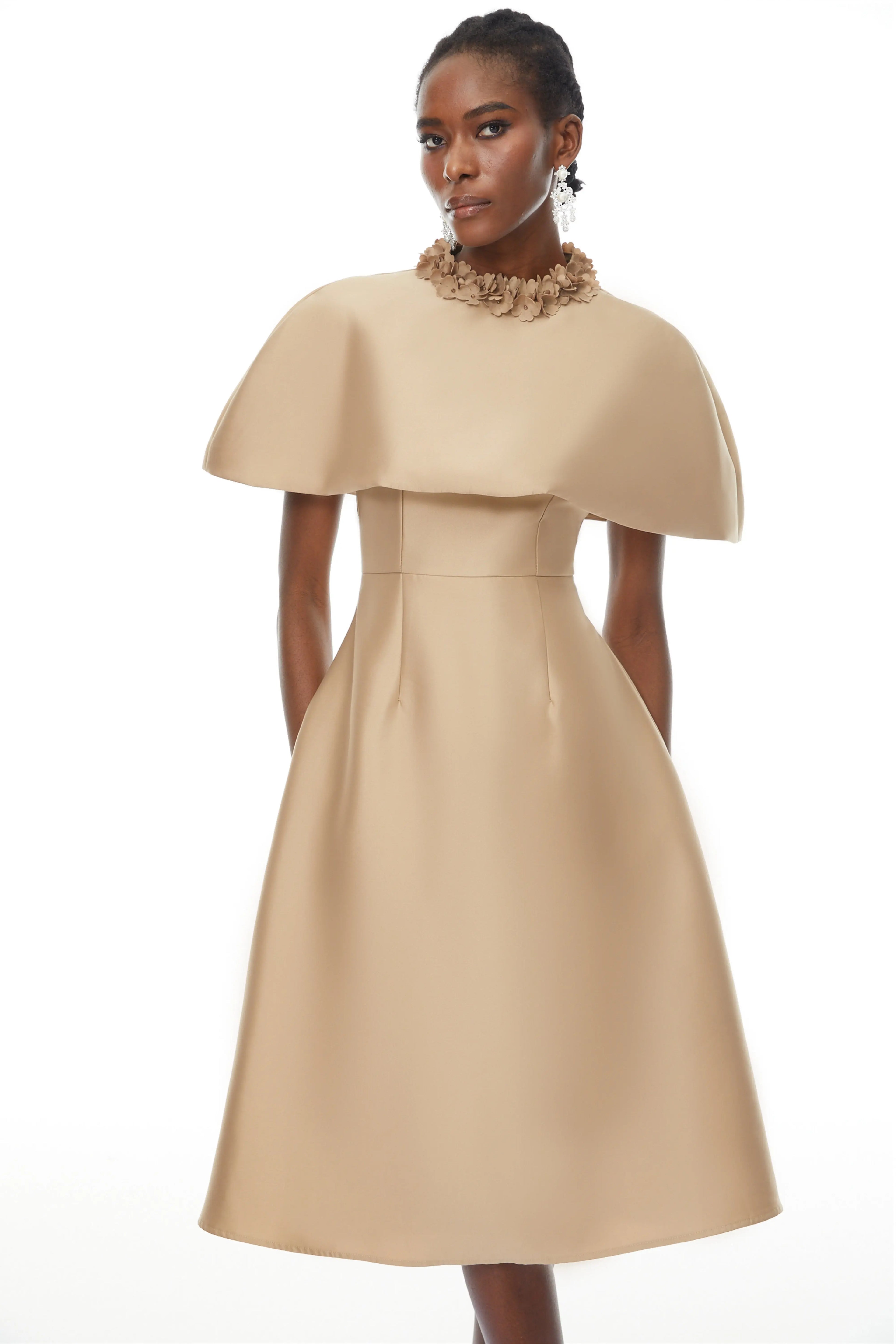 michelle Khaki Cape Satin Midi Dress Avalabel