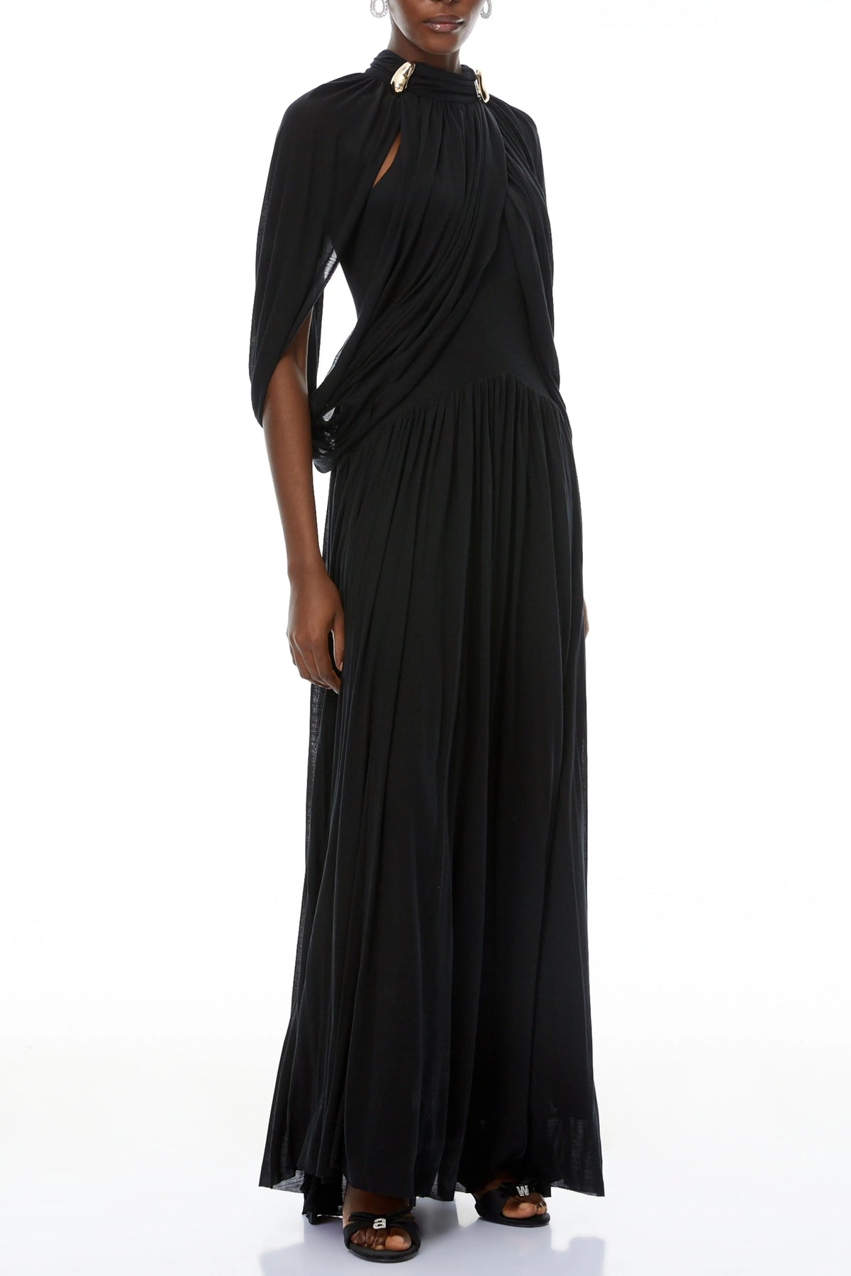 leona black Draped Cape Sleeve Knit Maxi Dress Avalabel