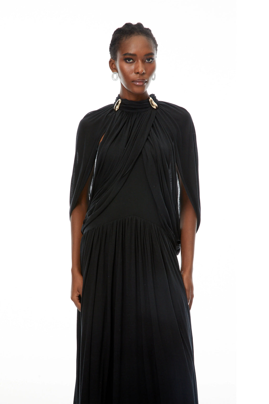 leona black Draped Cape Sleeve Knit Maxi Dress Avalabel