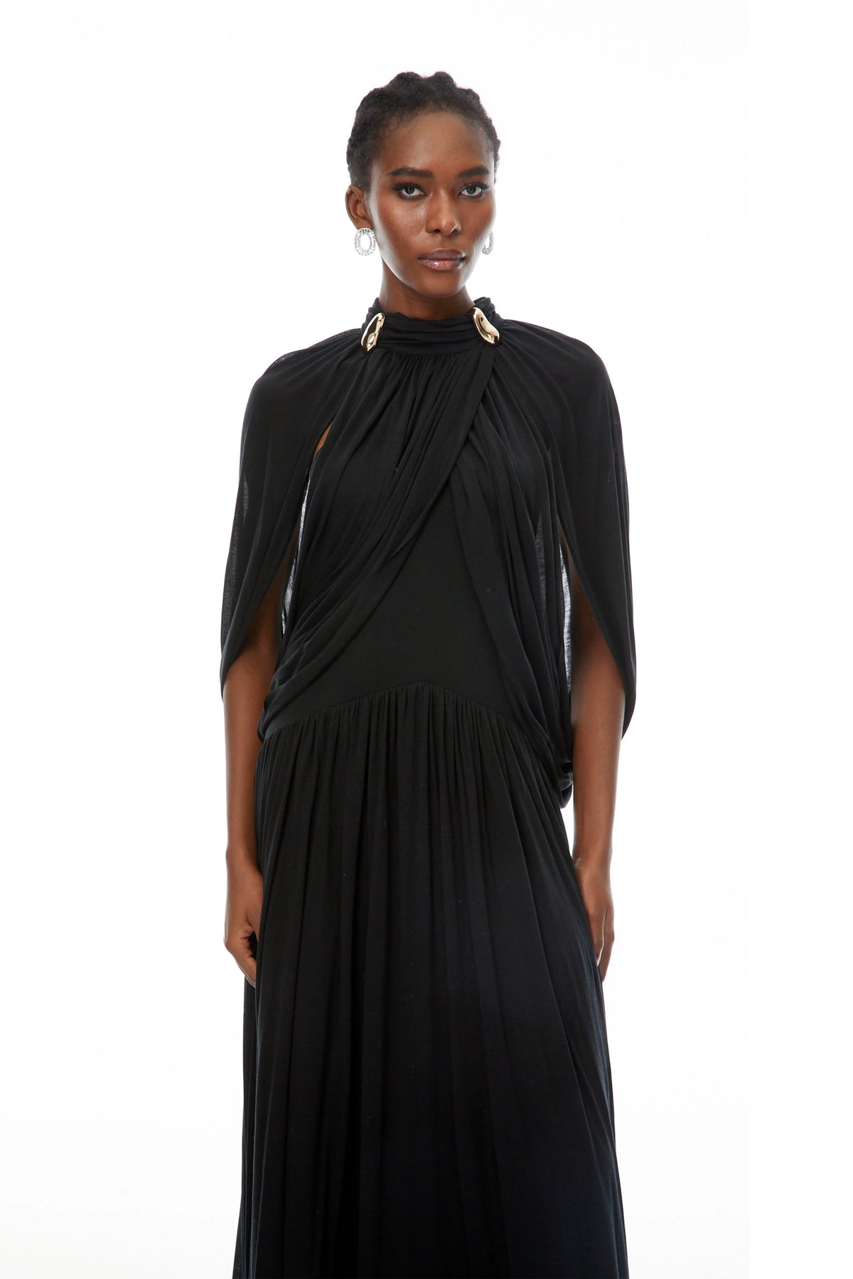 leona black Draped Cape Sleeve Knit Maxi Dress Avalabel