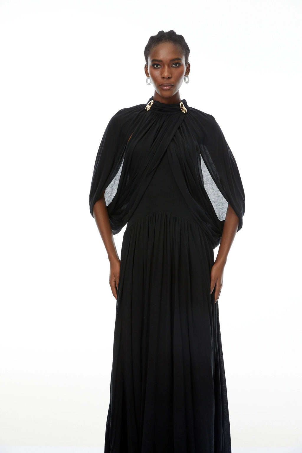 leona black Draped Cape Sleeve Knit Maxi Dress Avalabel