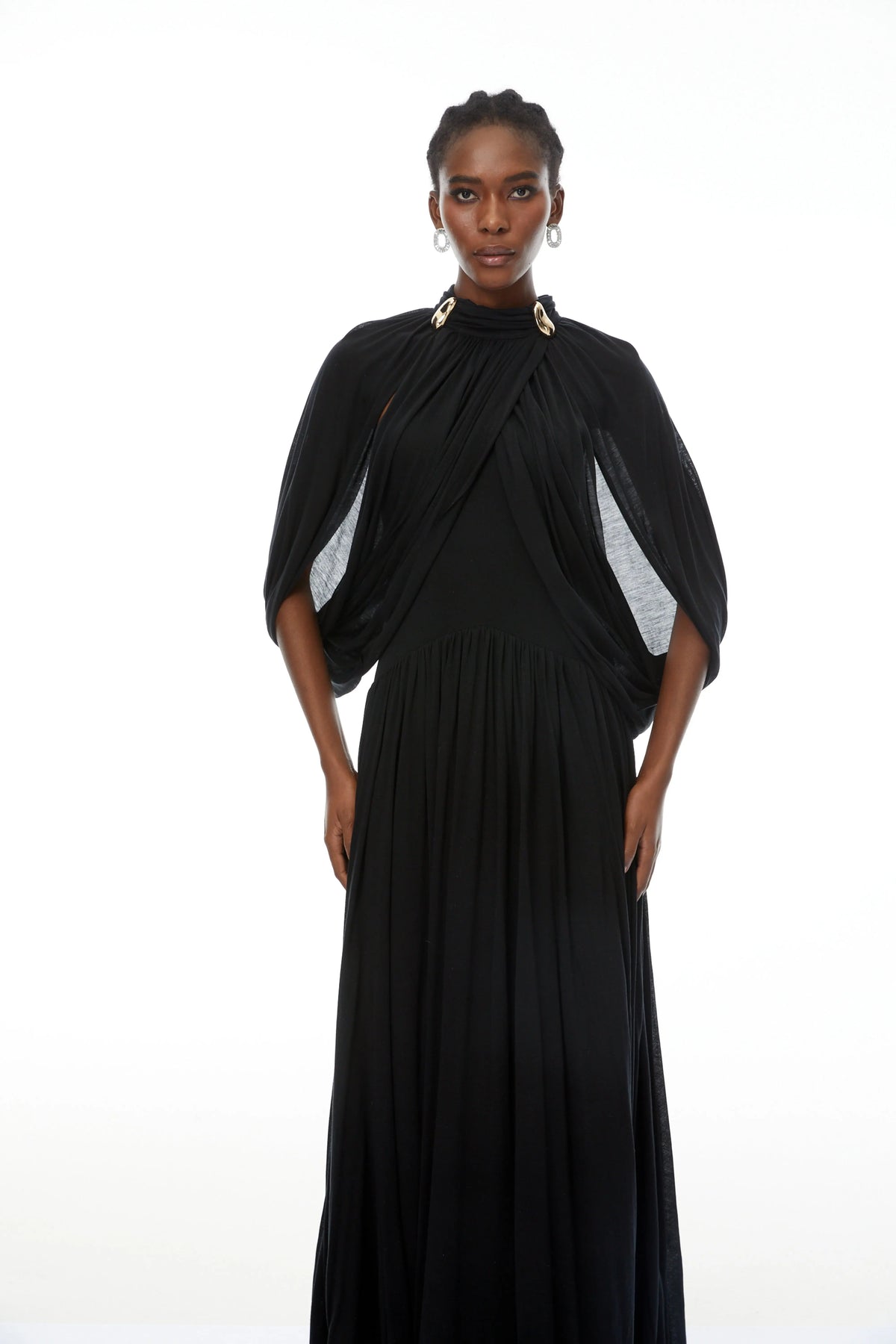 leona black Draped Cape Sleeve Knit Maxi Dress Avalabel