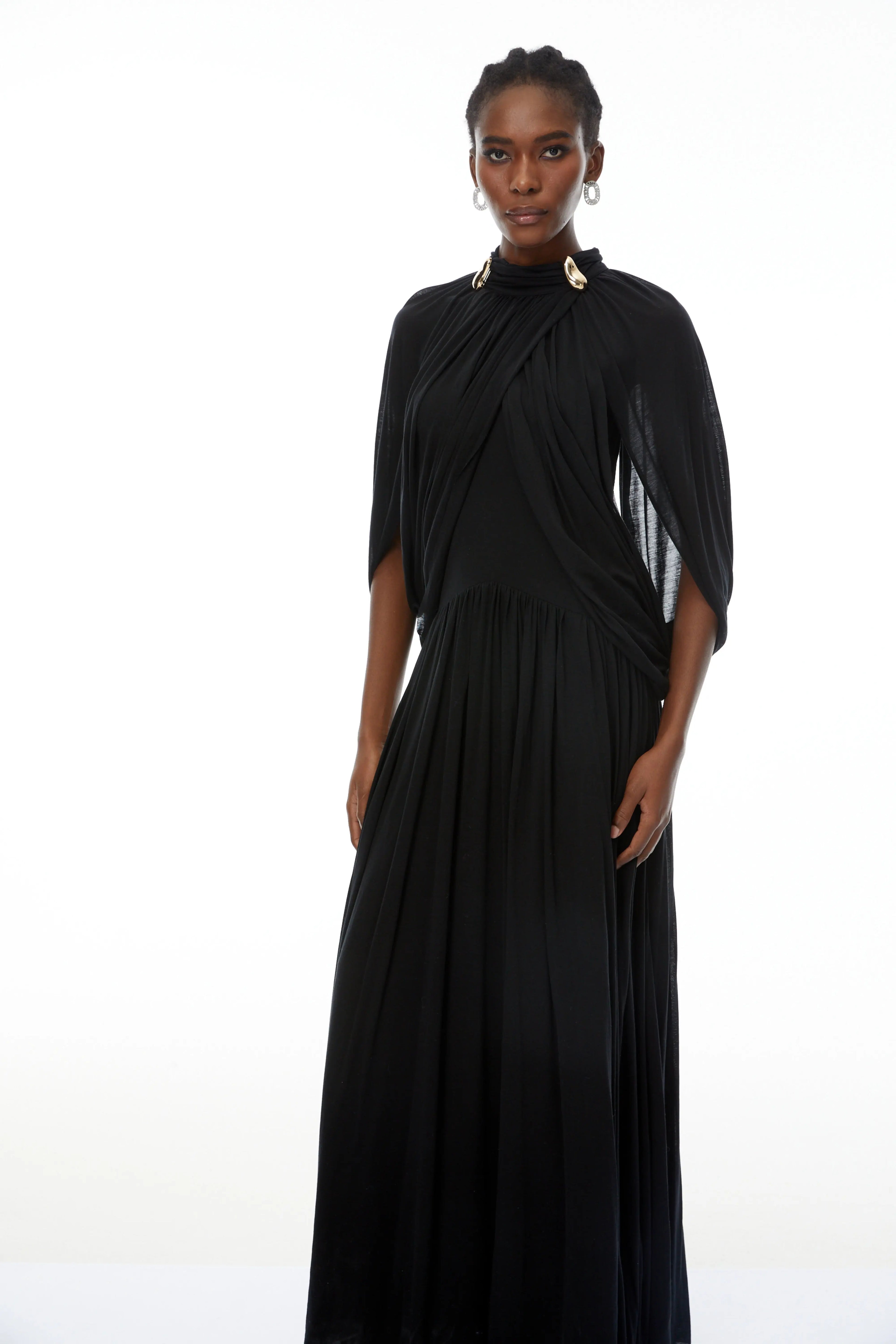 leona black Draped Cape Sleeve Knit Maxi Dress Avalabel