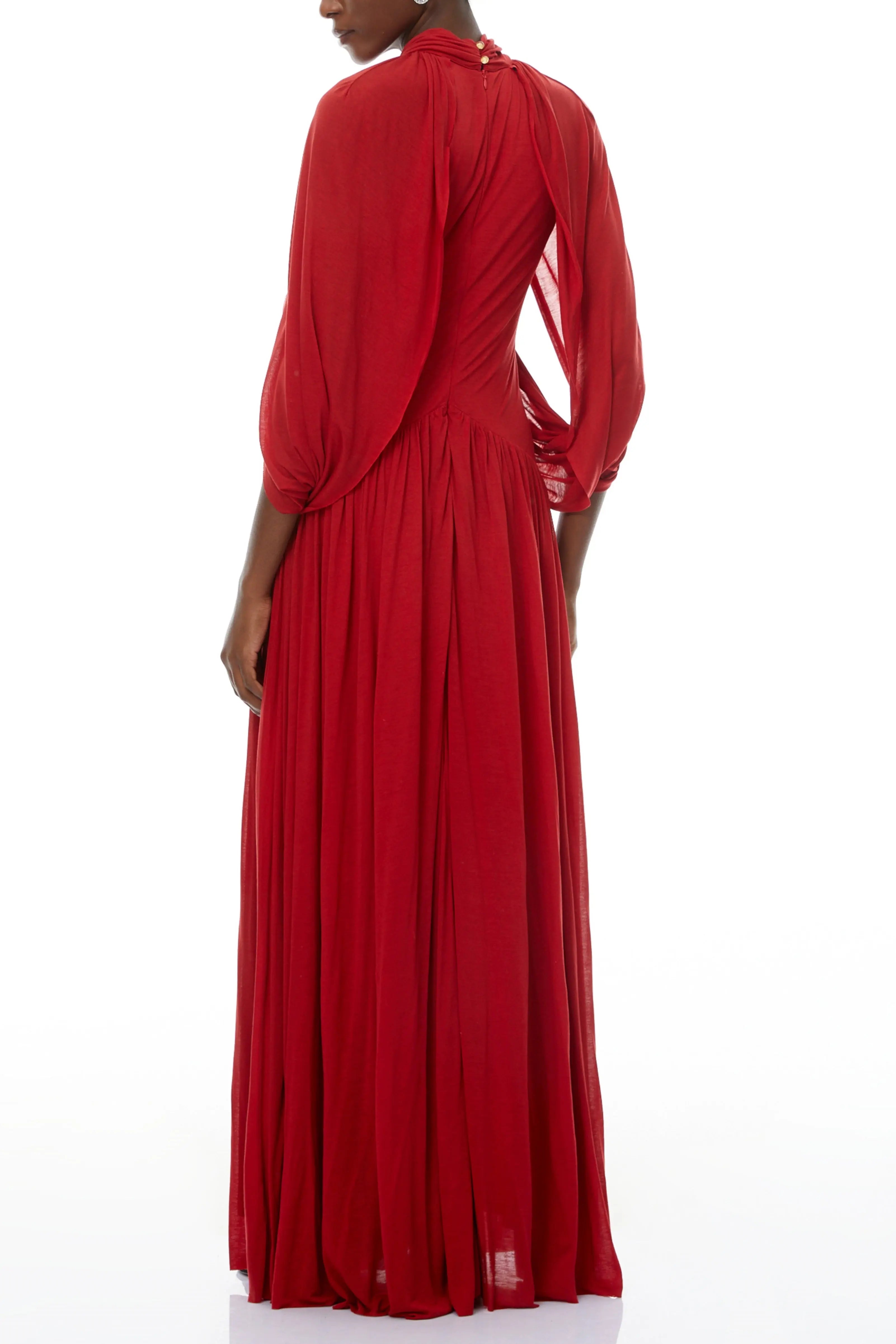 leona red Draped Cape Sleeve Knit Maxi Dress Avalabel