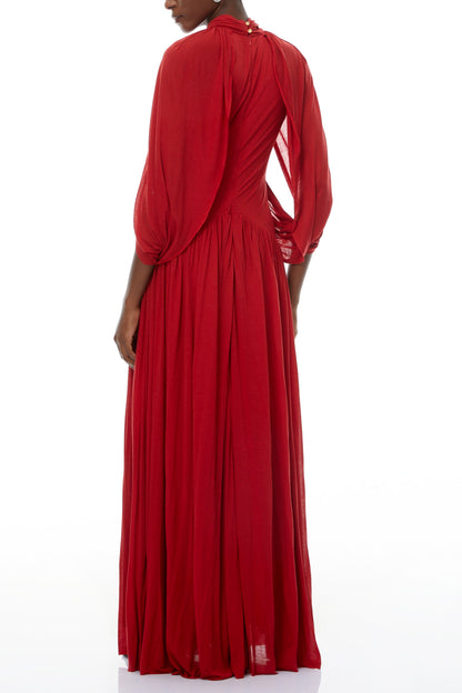 leona red Draped Cape Sleeve Knit Maxi Dress