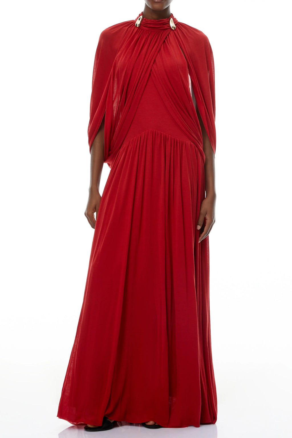 leona red Draped Cape Sleeve Knit Maxi Dress Avalabel