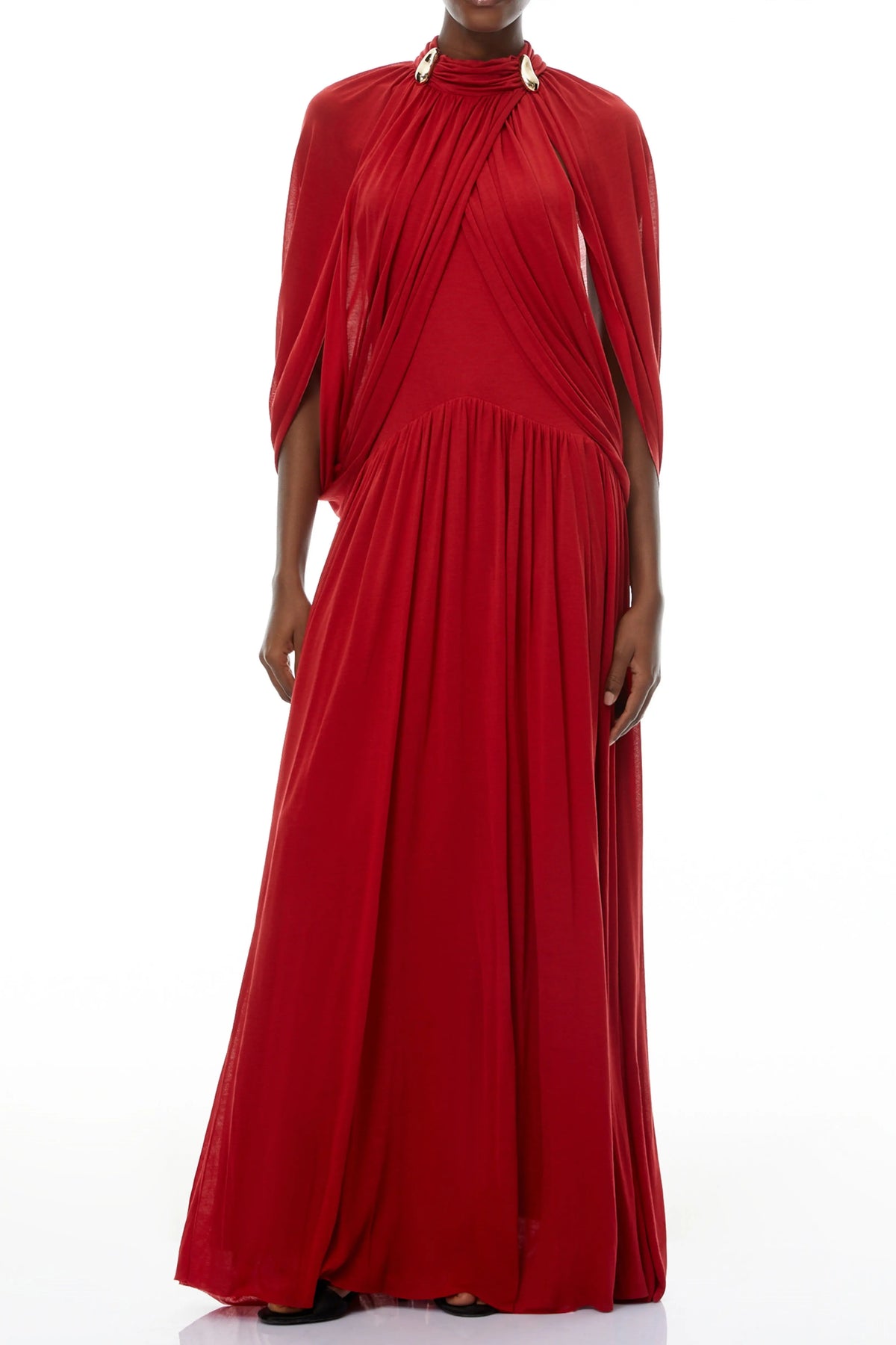 leona red Draped Cape Sleeve Knit Maxi Dress Avalabel