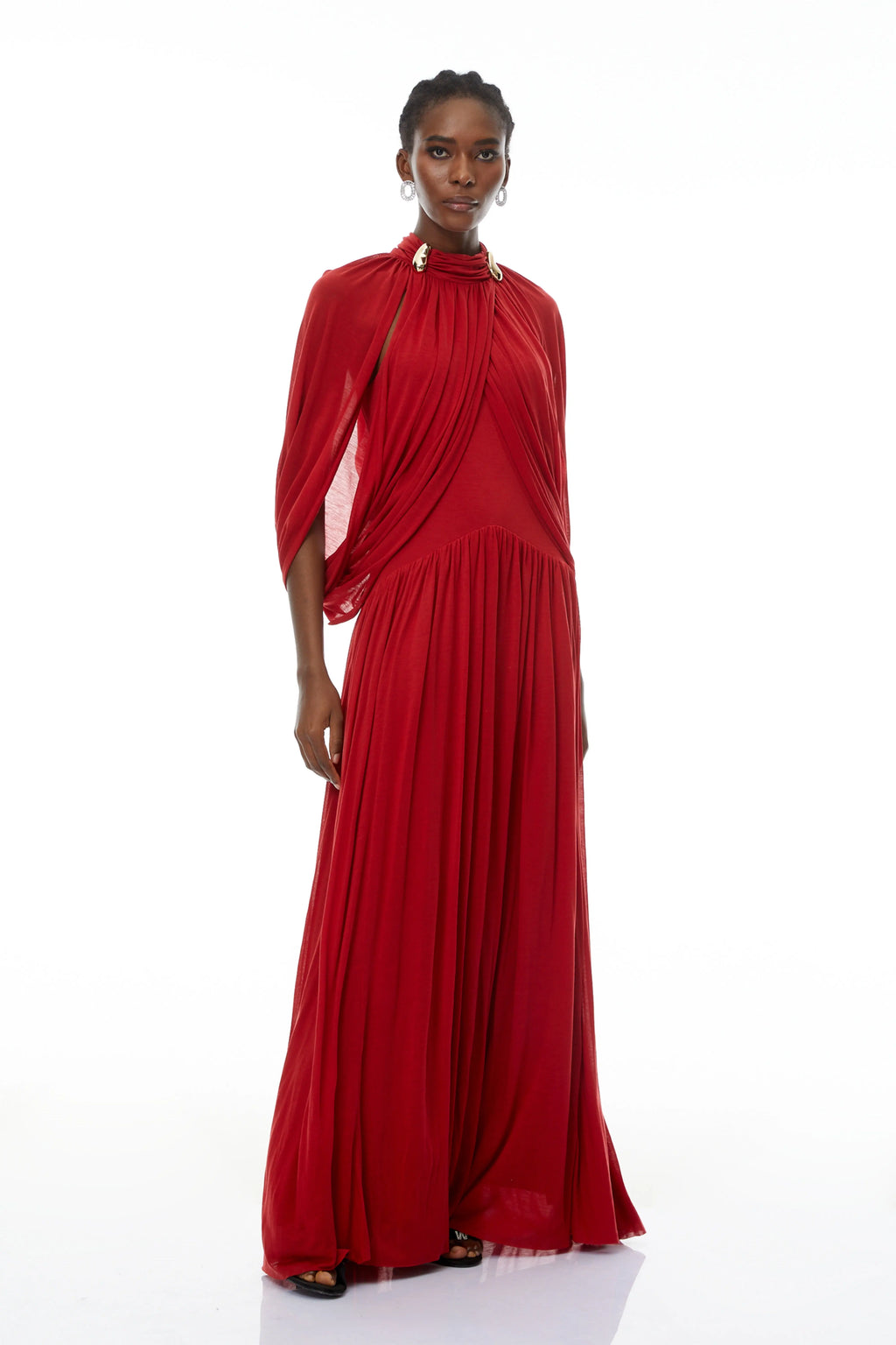 leona red Draped Cape Sleeve Knit Maxi Dress Avalabel
