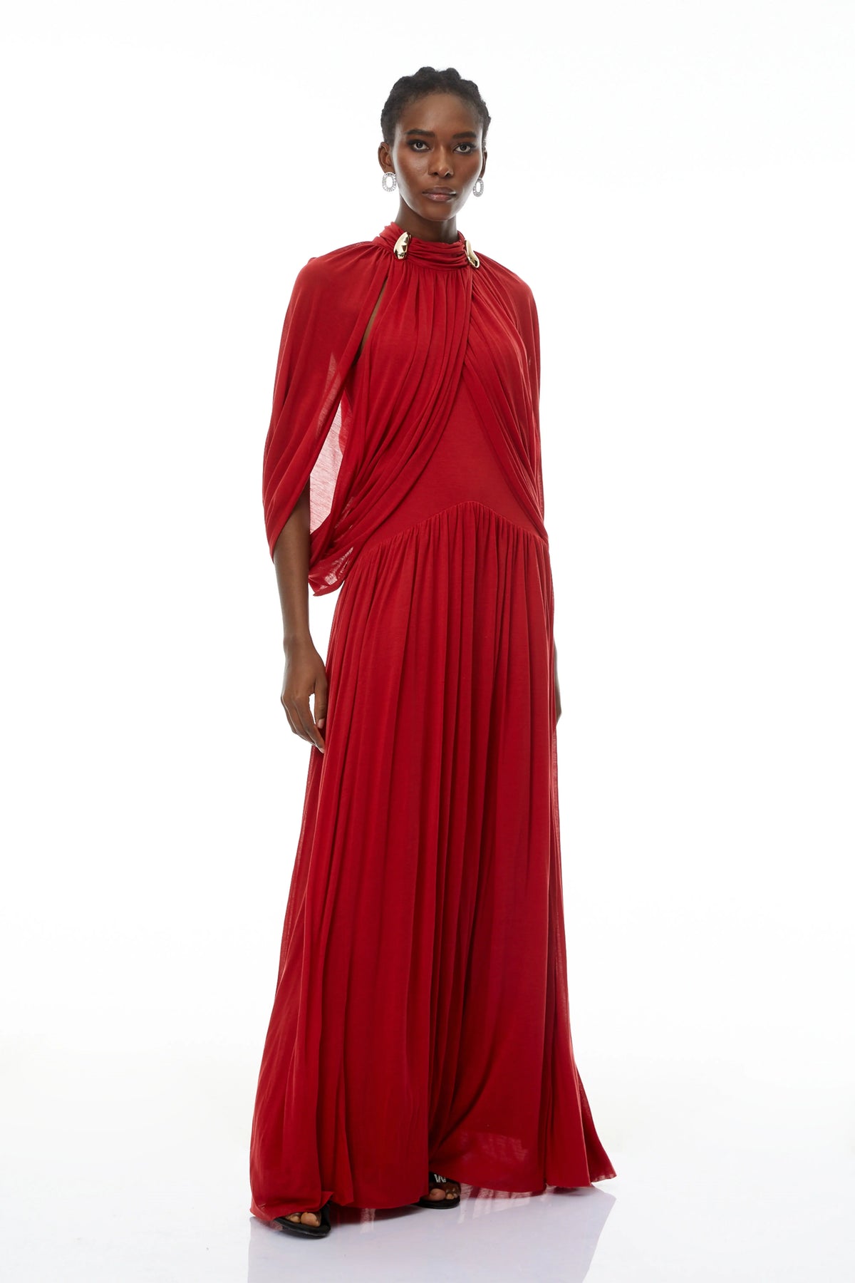 leona red Draped Cape Sleeve Knit Maxi Dress Avalabel