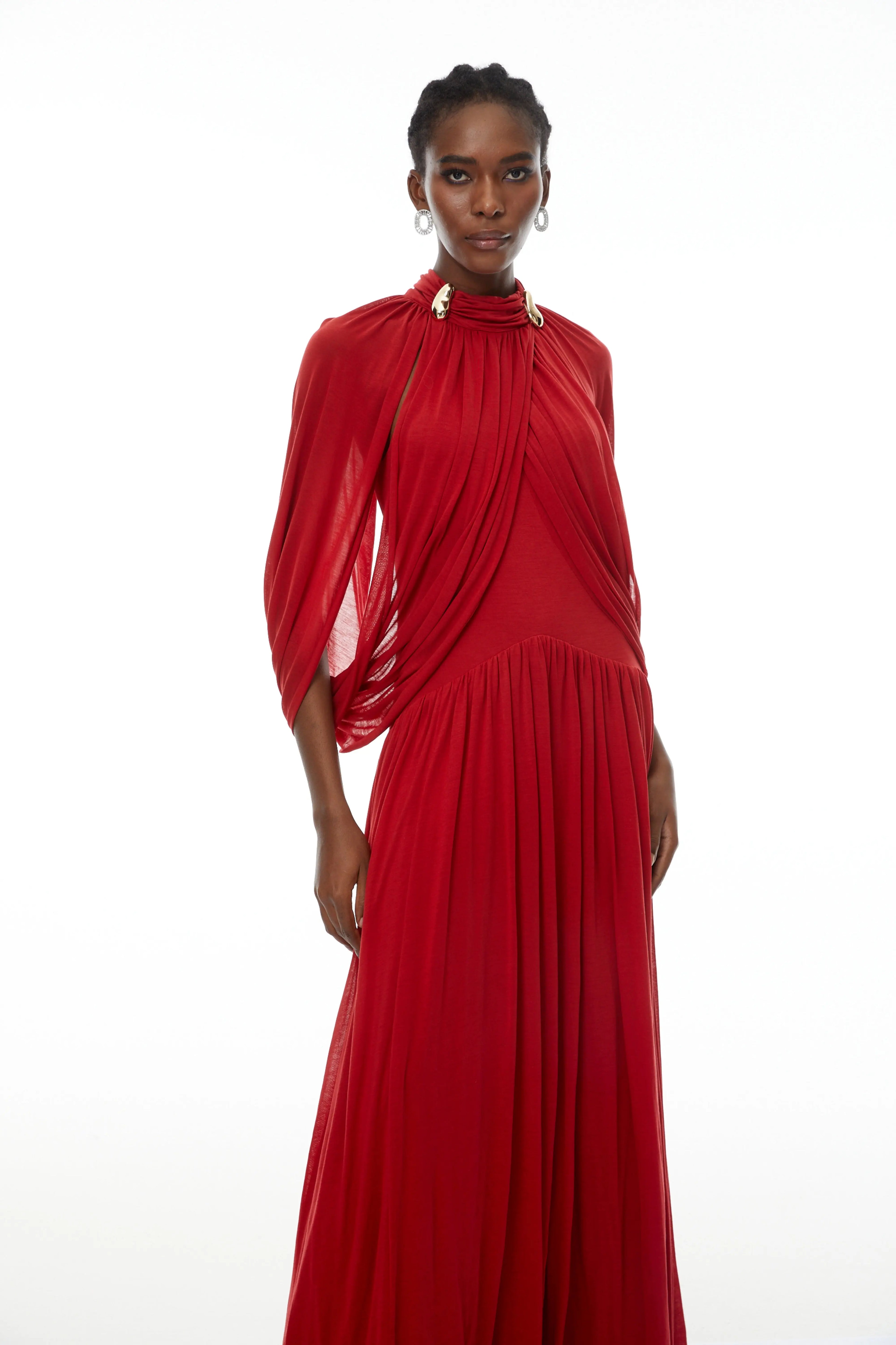 leona red Draped Cape Sleeve Knit Maxi Dress Avalabel