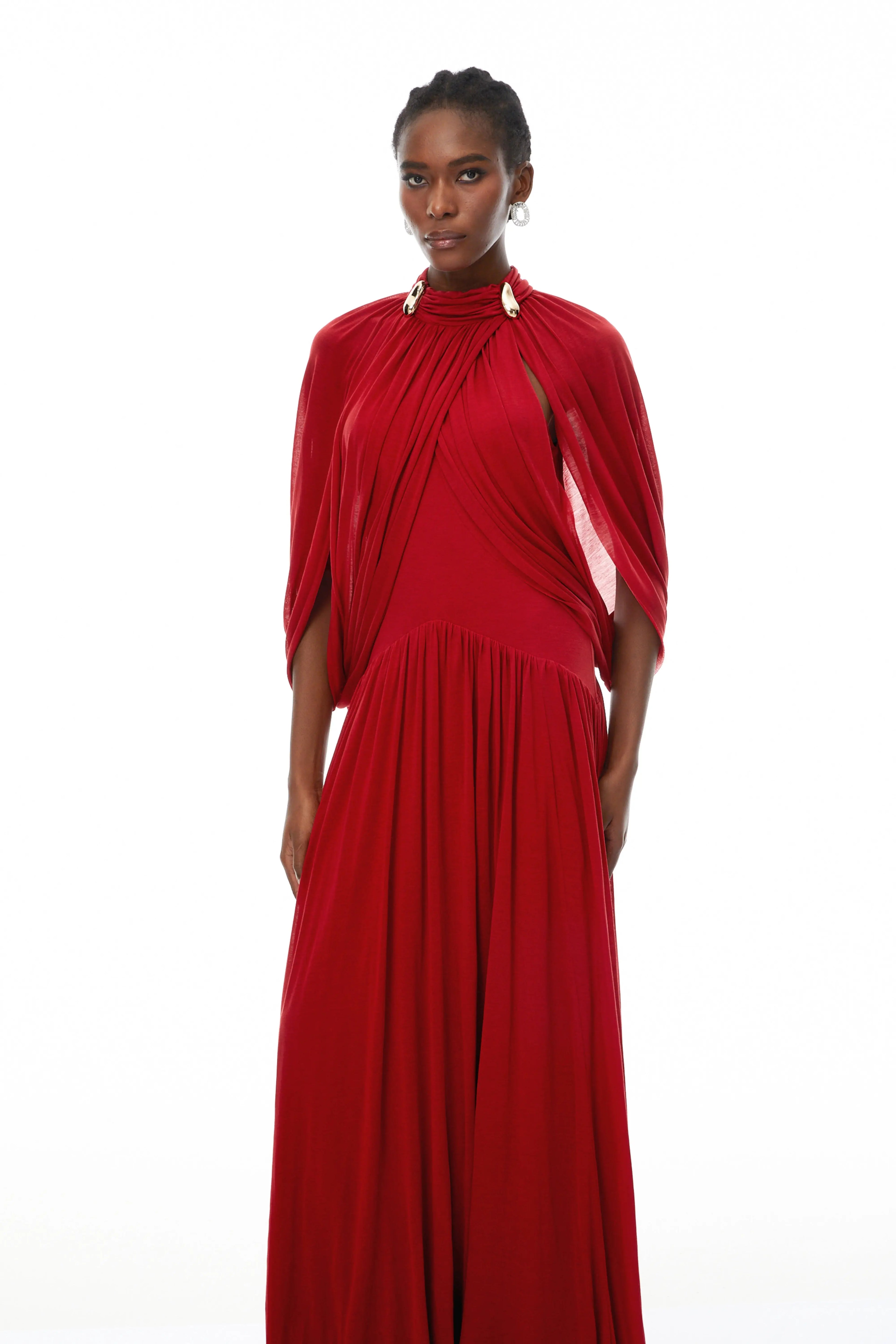 leona red Draped Cape Sleeve Knit Maxi Dress Avalabel