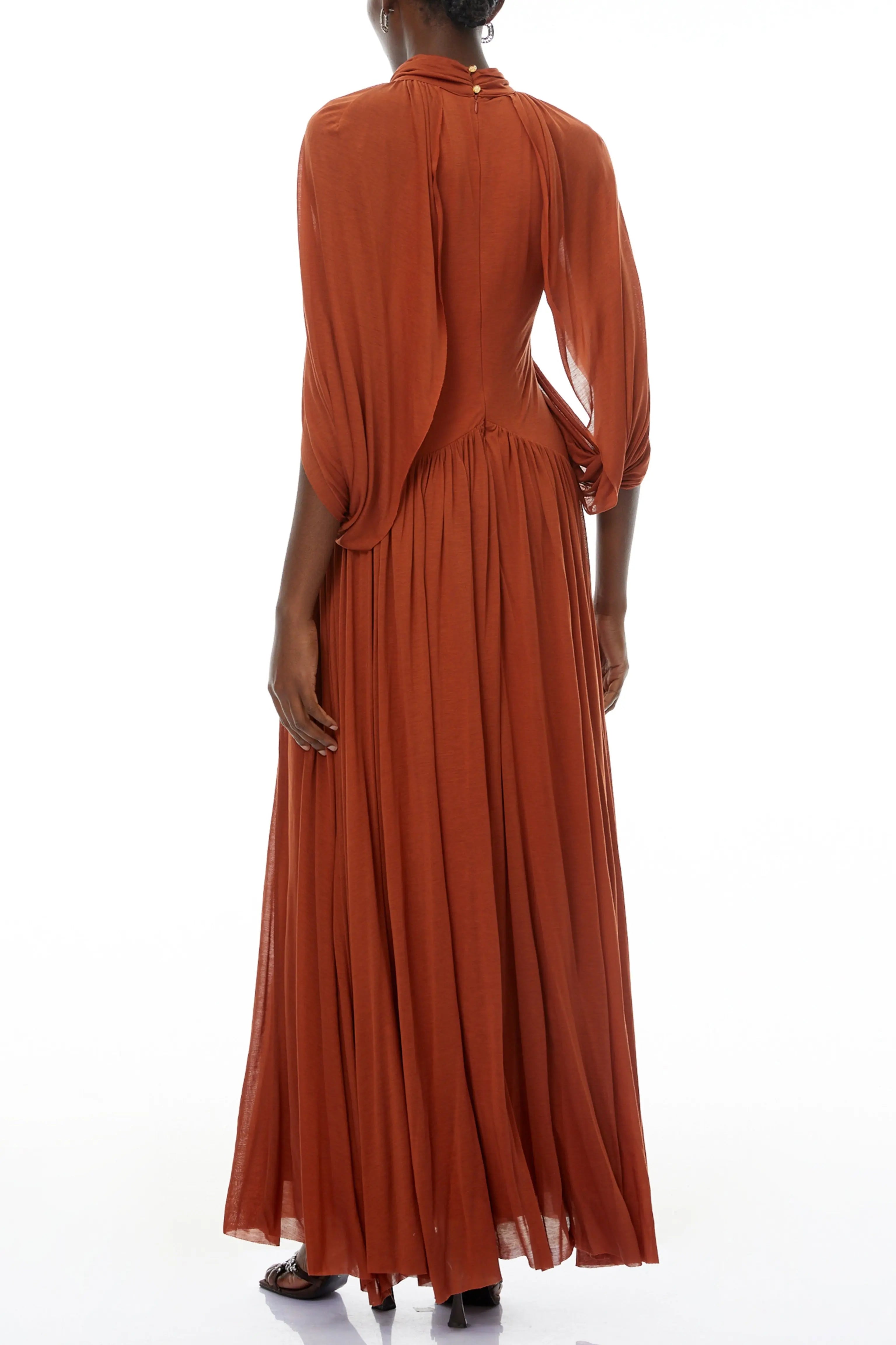 leona brown Draped Cape Sleeve Knit Maxi Dress Avalabel