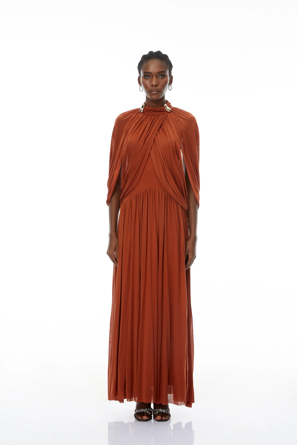 leona brown Draped Cape Sleeve Knit Maxi Dress Avalabel