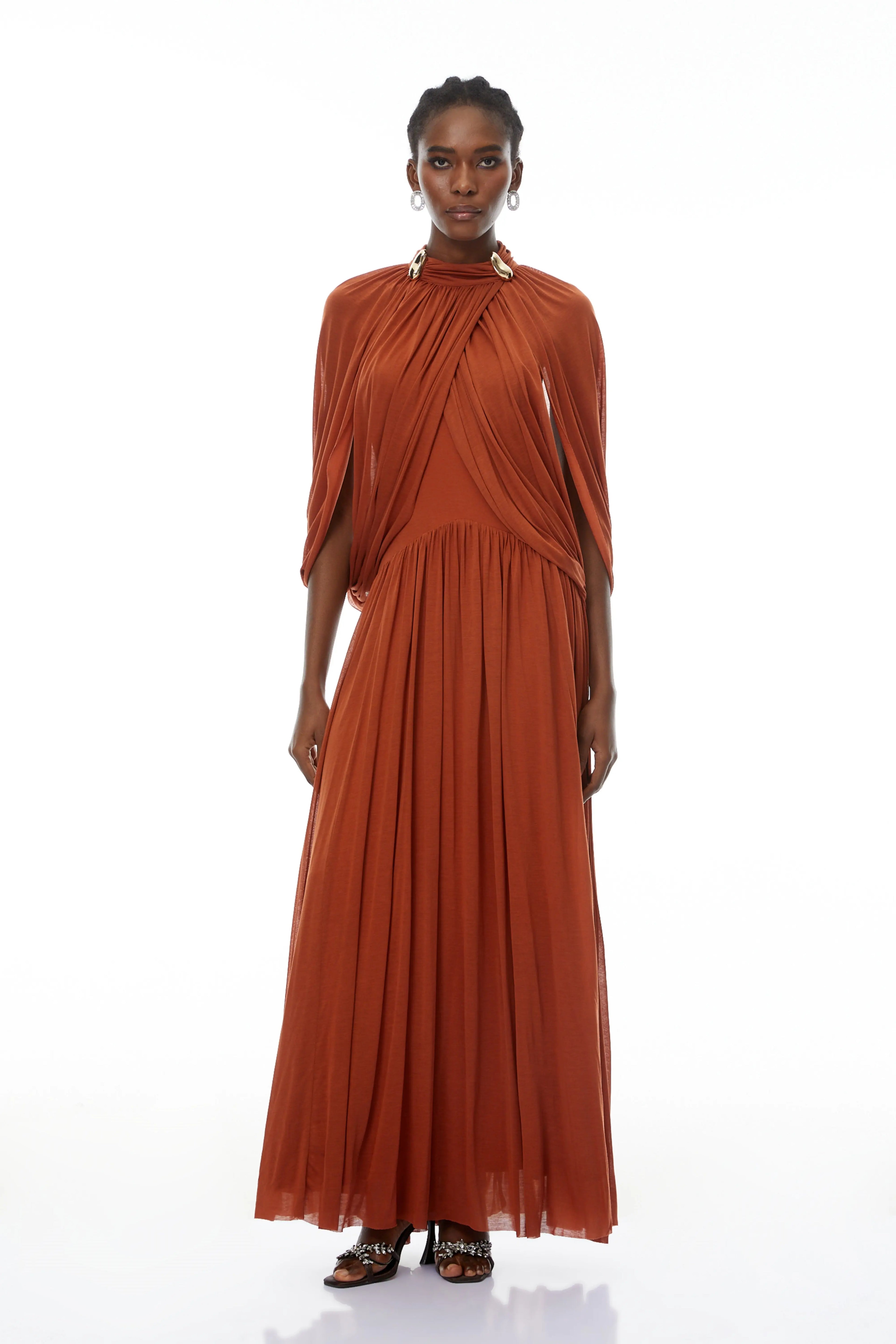 leona brown Draped Cape Sleeve Knit Maxi Dress Avalabel