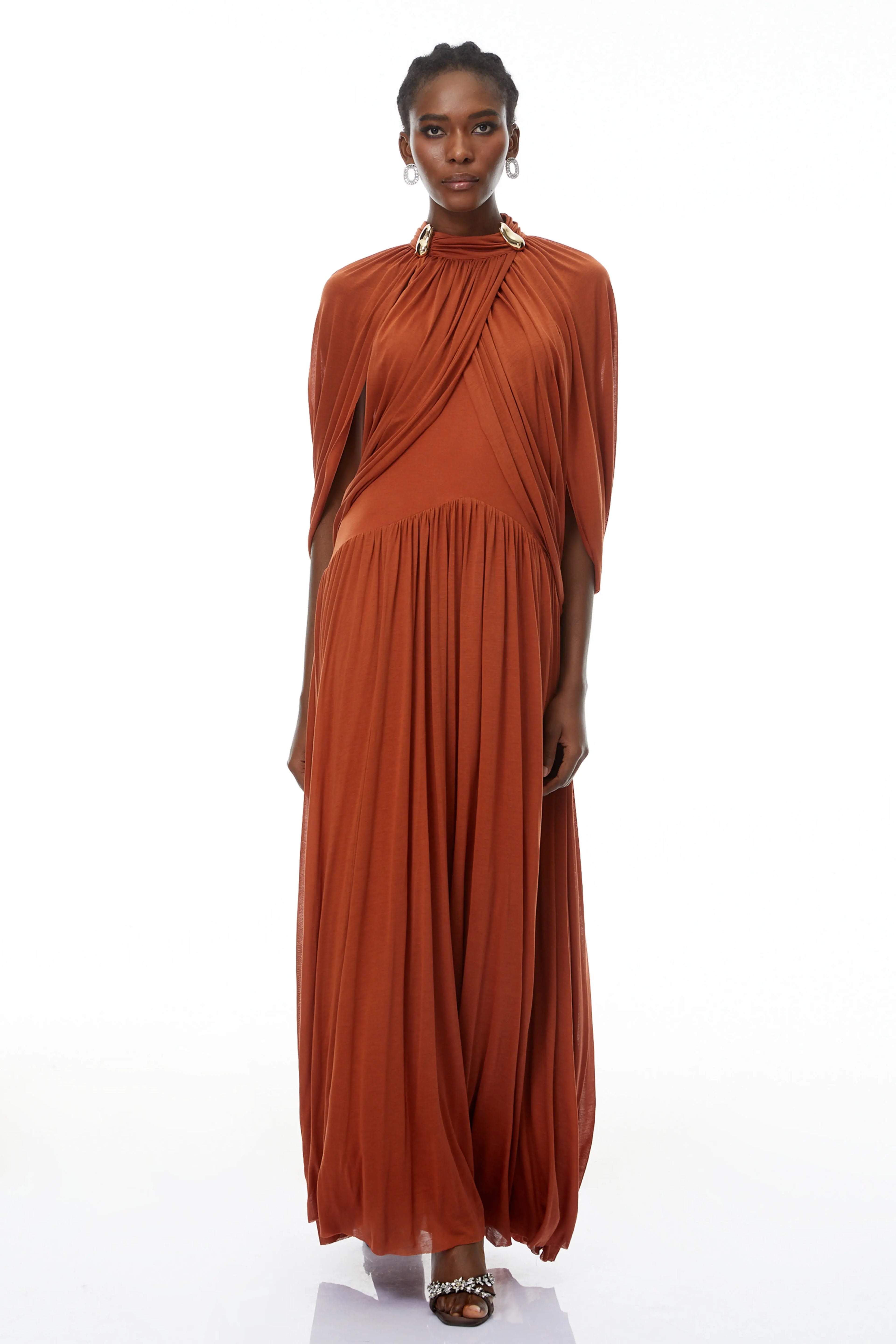 leona brown Draped Cape Sleeve Knit Maxi Dress Avalabel