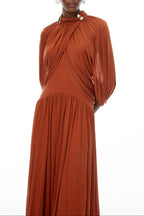 leona brown Draped Cape Sleeve Knit Maxi Dress Avalabel