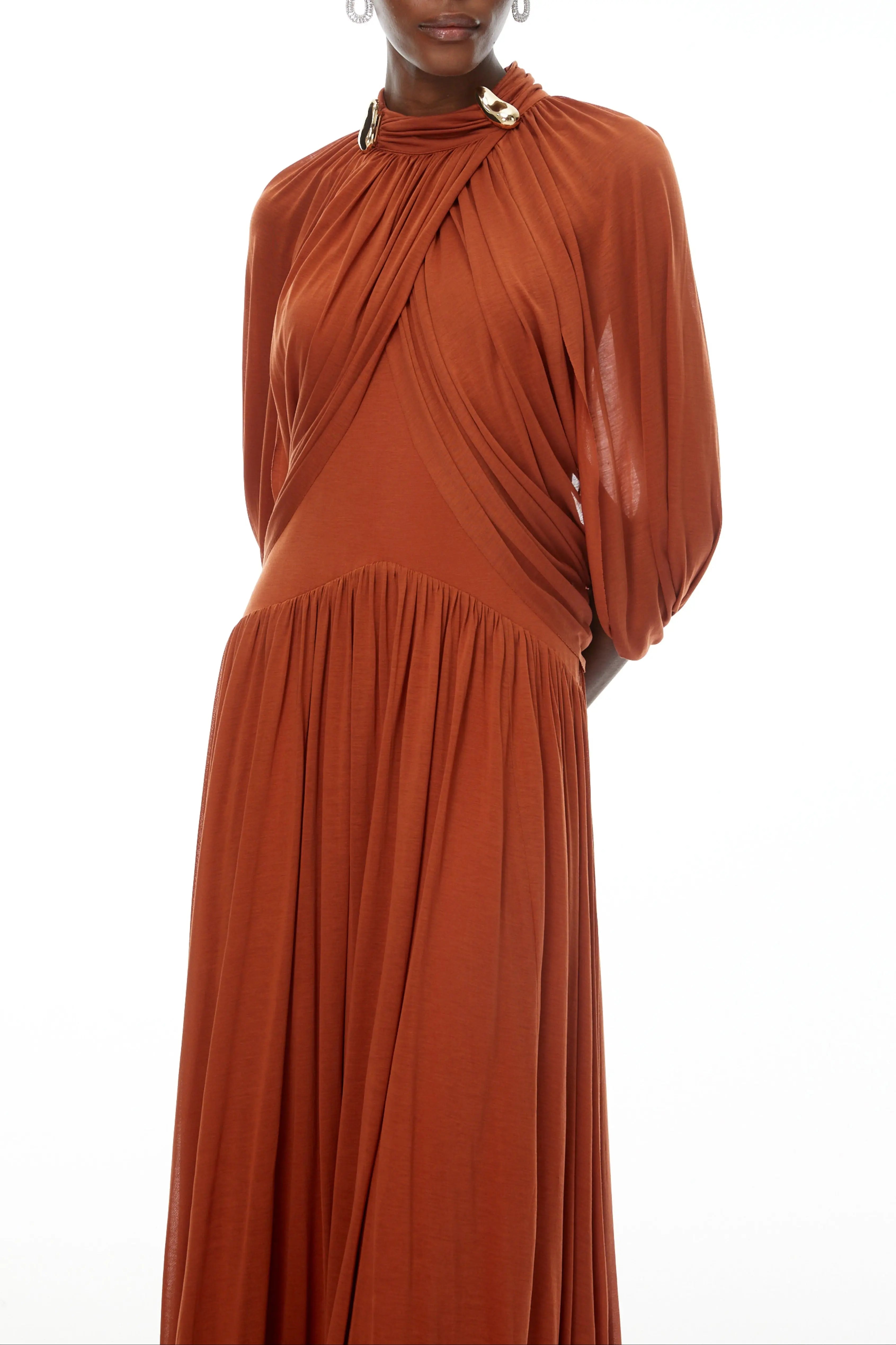 leona brown Draped Cape Sleeve Knit Maxi Dress Avalabel