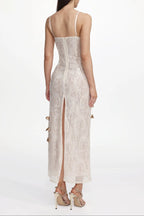 Verna Champagne Embellished Sleeveless Petal Sequin Lace Knit Maxi Dress Avalabel