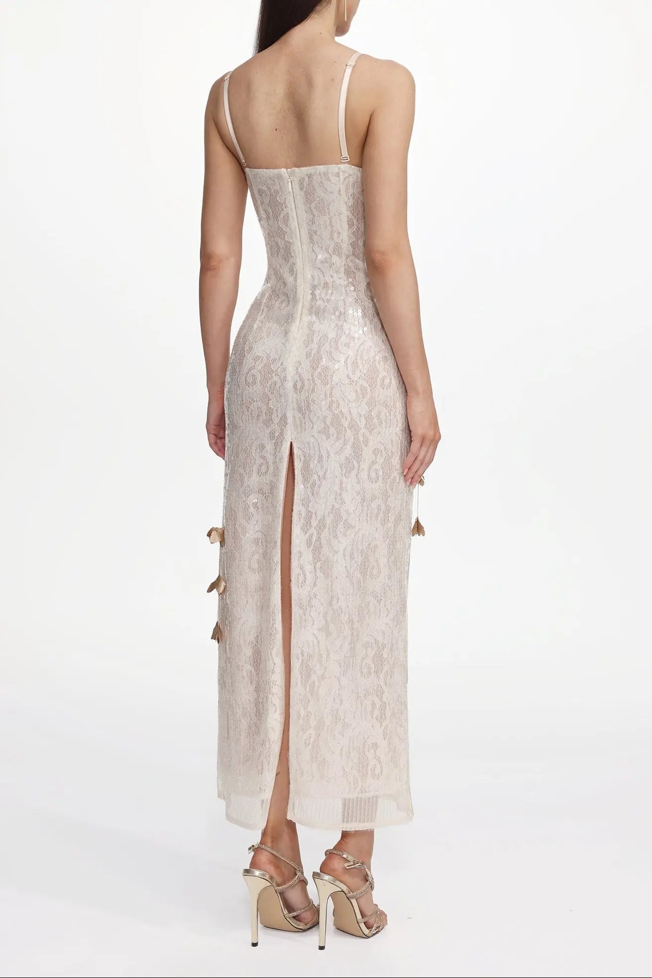 Verna Champagne Embellished Sleeveless Petal Sequin Lace Knit Maxi Dress Avalabel
