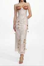 Verna Champagne Embellished Sleeveless Petal Sequin Lace Knit Maxi Dress Avalabel