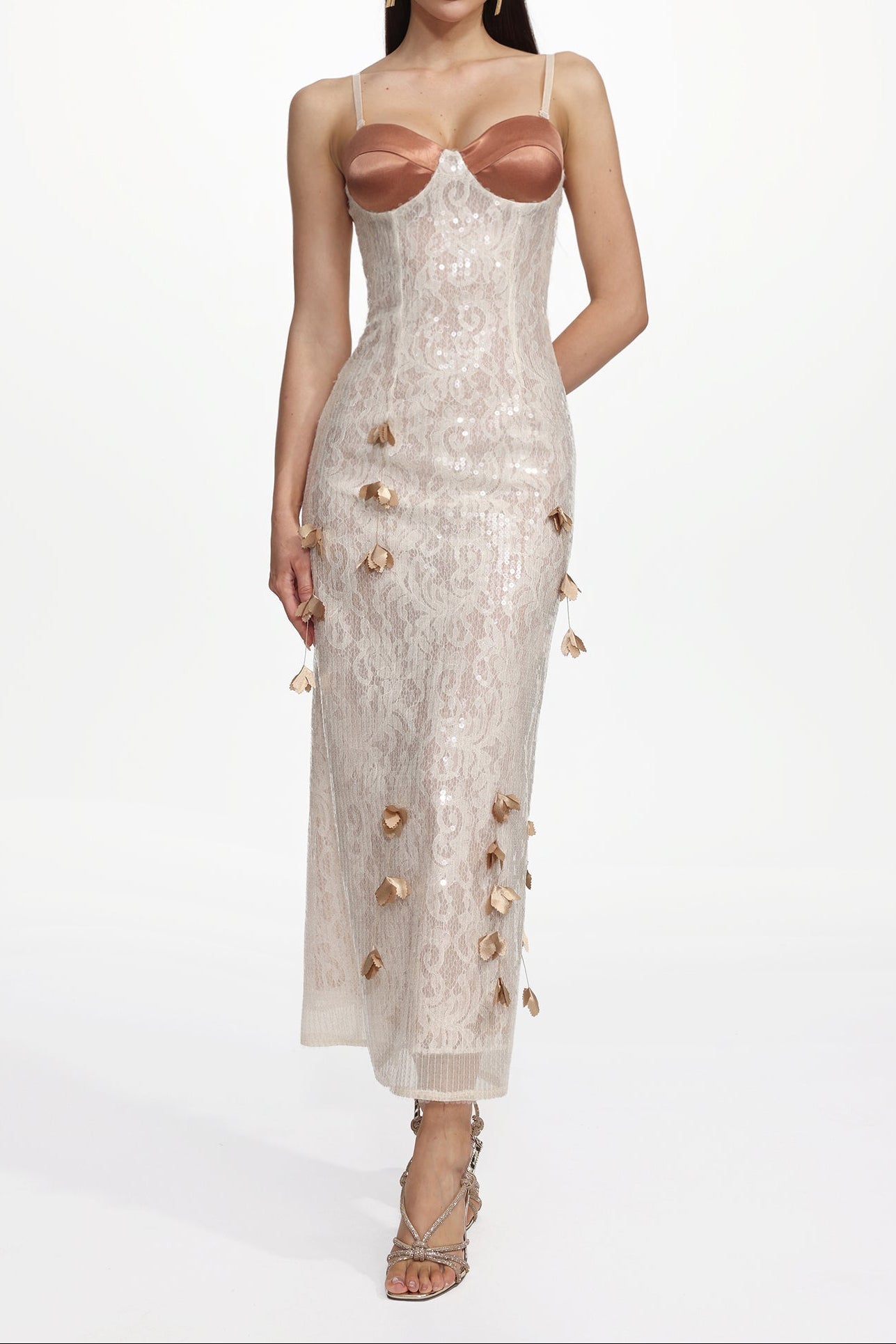 Verna Champagne Embellished Sleeveless Petal Sequin Lace Knit Maxi Dress