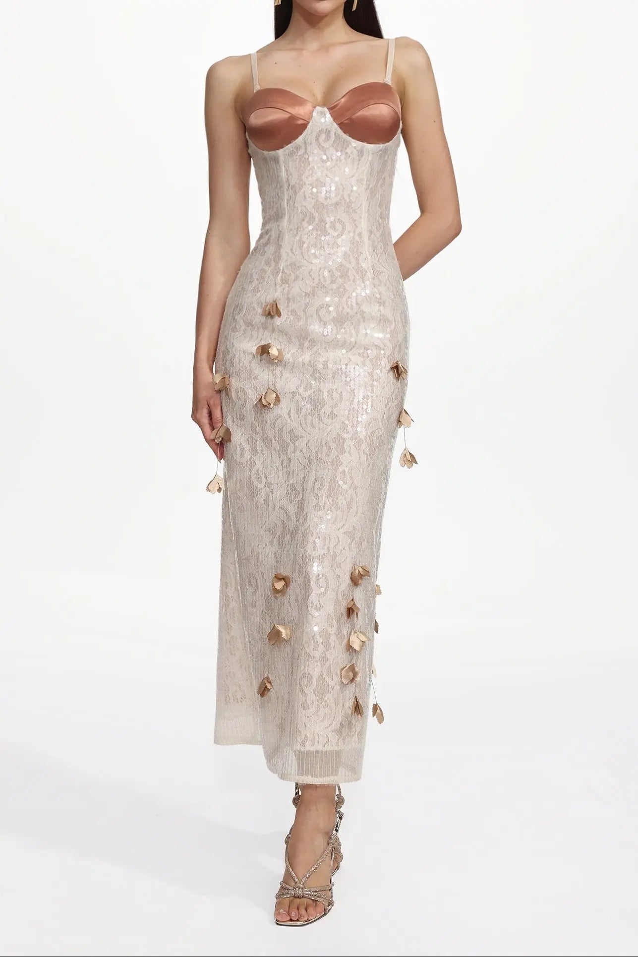 Verna Champagne Embellished Sleeveless Petal Sequin Lace Knit Maxi Dress Avalabel