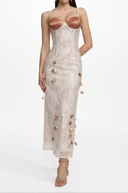 Verna Champagne Embellished Sleeveless Petal Sequin Lace Knit Maxi Dress