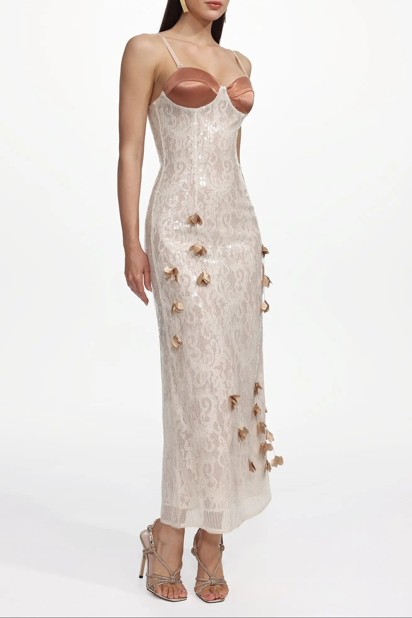 Verna Champagne Embellished Sleeveless Petal Sequin Lace Knit Maxi Dress Avalabel