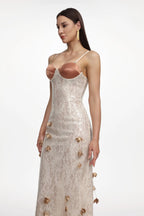 Verna Champagne Embellished Sleeveless Petal Sequin Lace Knit Maxi Dress Avalabel