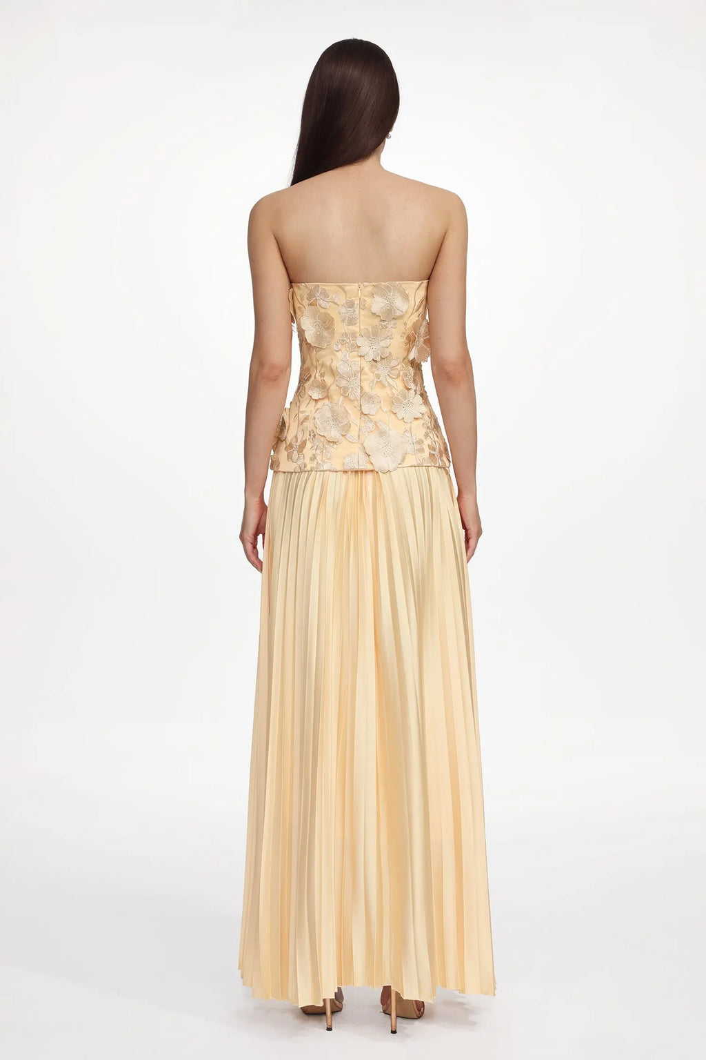 Shardae Romantic Tailored Strapless Pleated Floral Maxi Dress Avalabel