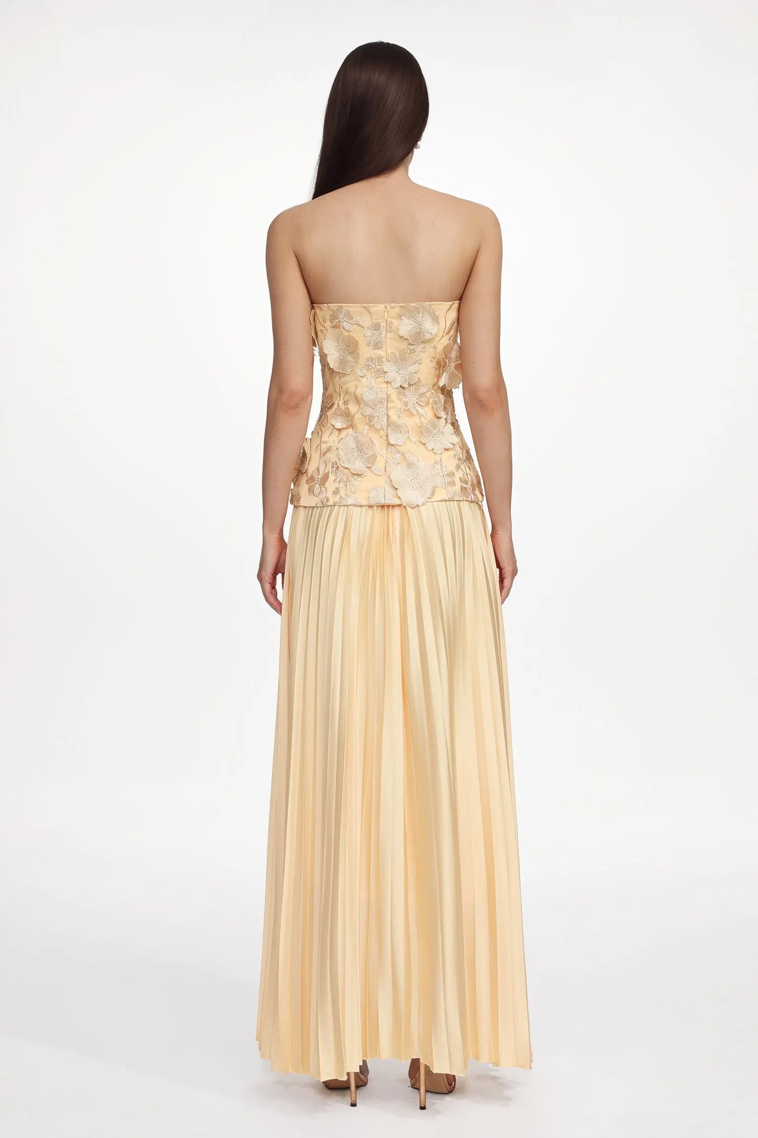 Shardae Romantic Tailored Strapless Pleated Floral Maxi Dress Avalabel