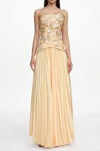 Shardae Romantic Tailored Strapless Pleated Floral Maxi Dress Avalabel
