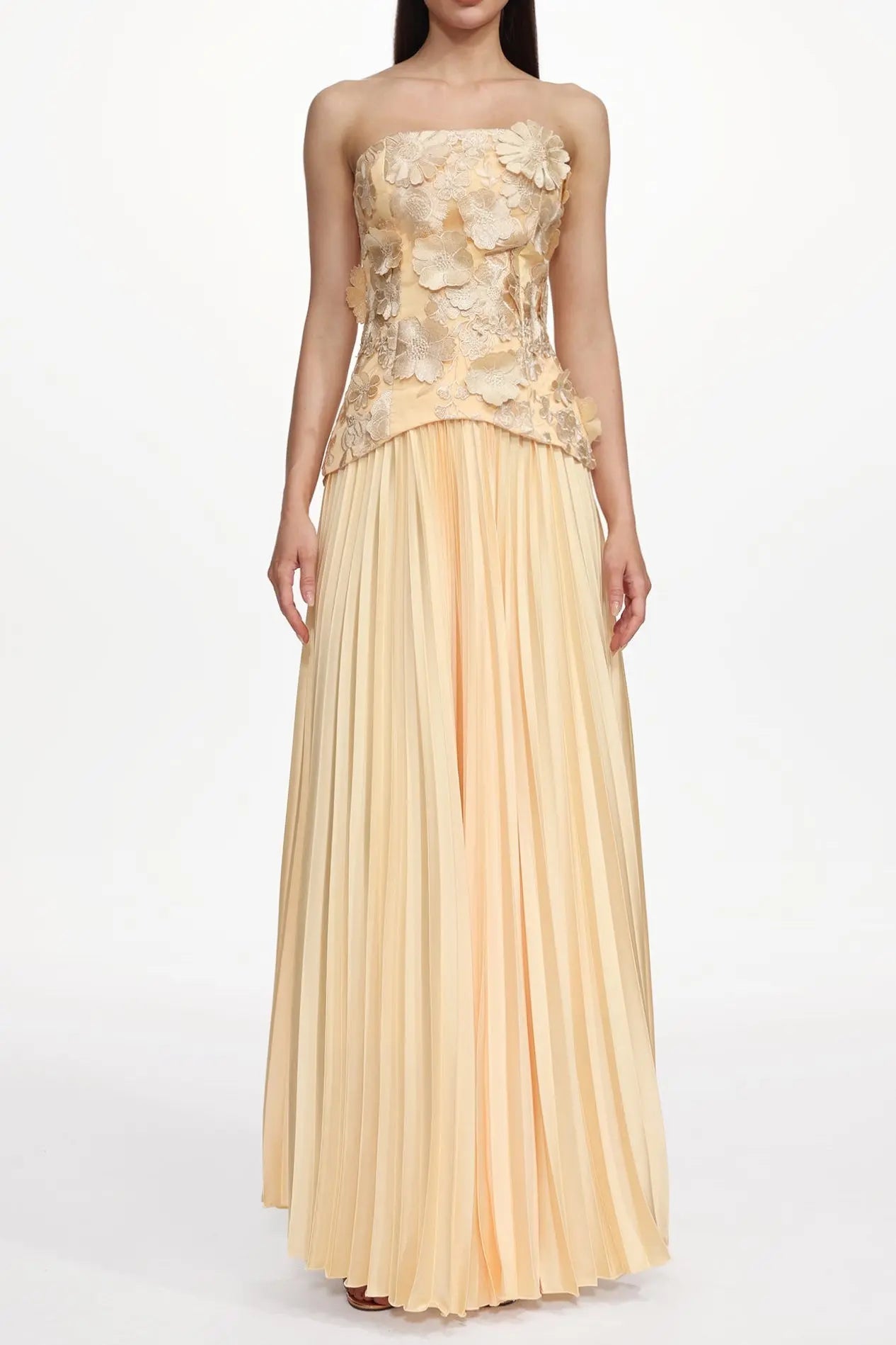 Shardae Romantic Tailored Strapless Pleated Floral Maxi Dress Avalabel
