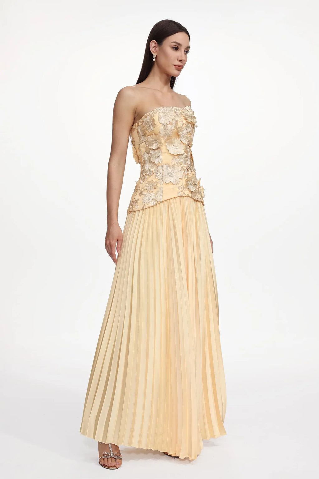 Shardae Romantic Tailored Strapless Pleated Floral Maxi Dress Avalabel