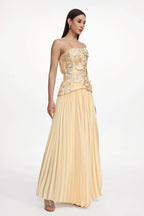 Shardae Romantic Tailored Strapless Pleated Floral Maxi Dress Avalabel