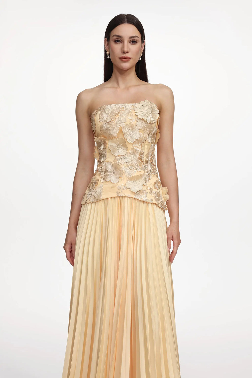 Shardae Romantic Tailored Strapless Pleated Floral Maxi Dress Avalabel