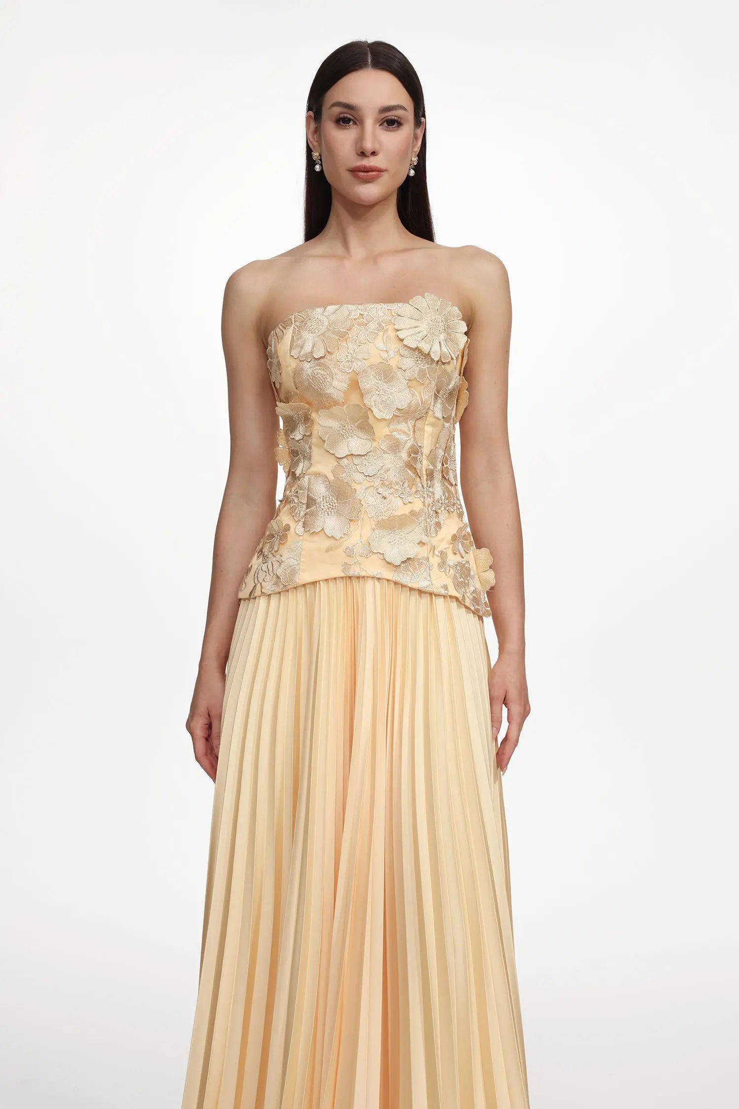 Shardae Romantic Tailored Strapless Pleated Floral Maxi Dress Avalabel
