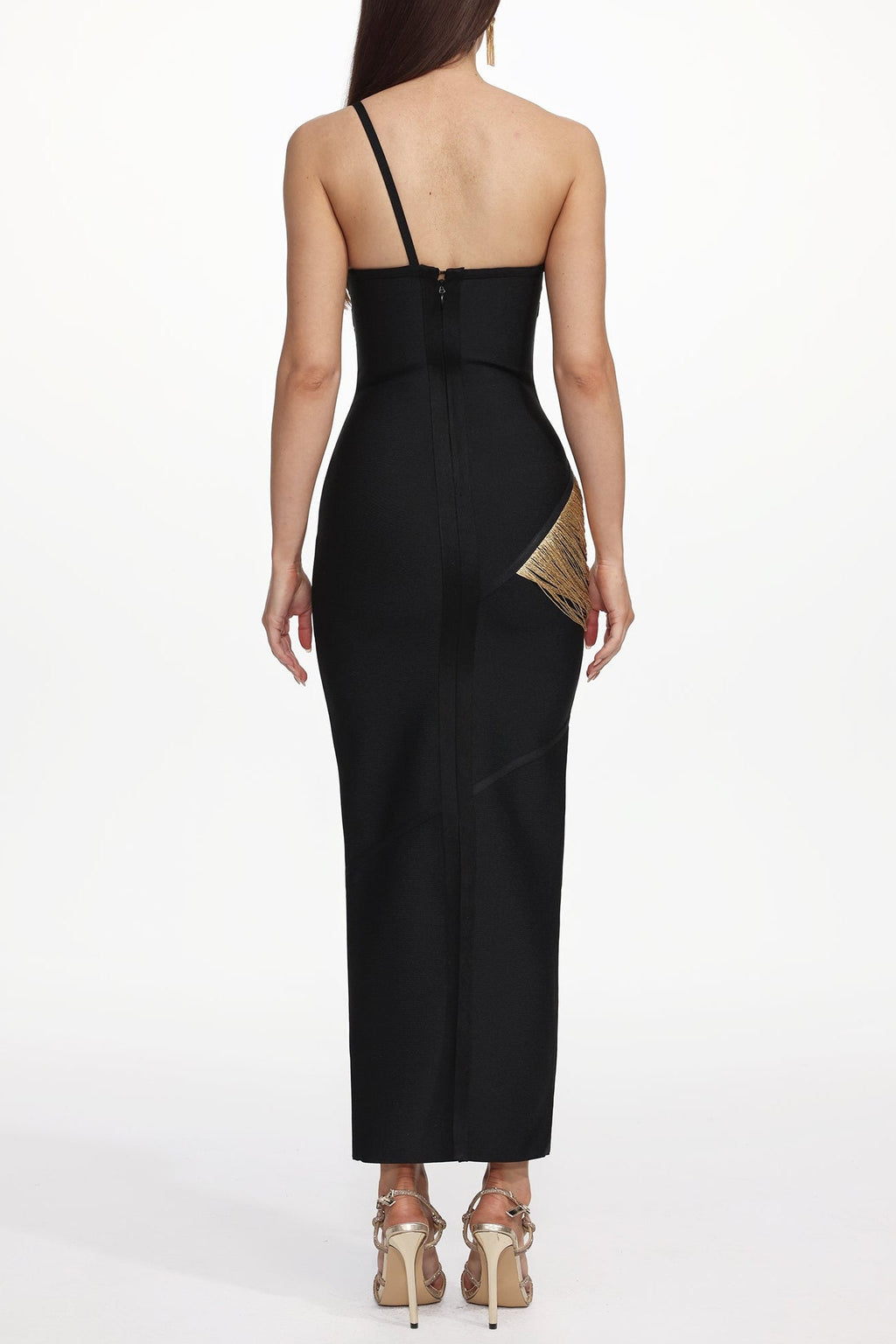 Roanna One Shoulder Sleeveless Golden Tassels Bandage Maxi Dress Avalabel