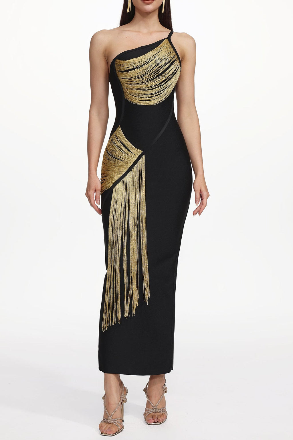 Roanna One Shoulder Sleeveless Golden Tassels Bandage Maxi Dress Avalabel