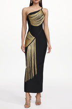 Roanna One Shoulder Sleeveless Golden Tassels Bandage Maxi Dress Avalabel