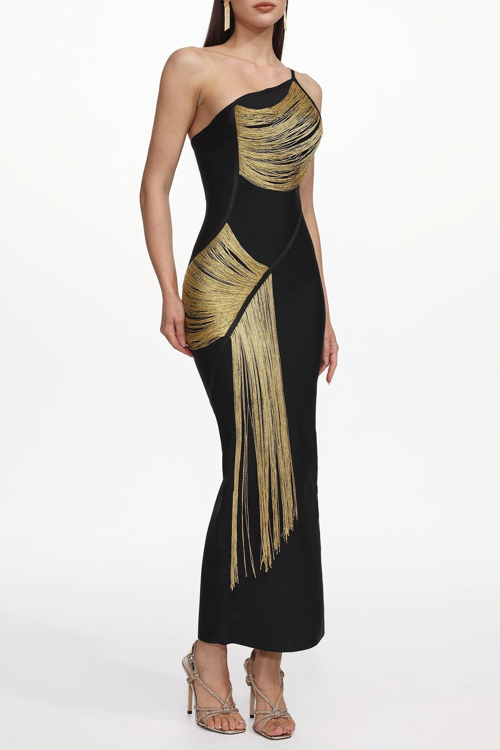 Roanna One Shoulder Sleeveless Golden Tassels Bandage Maxi Dress Avalabel