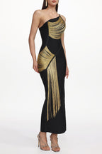 Roanna One Shoulder Sleeveless Golden Tassels Bandage Maxi Dress Avalabel