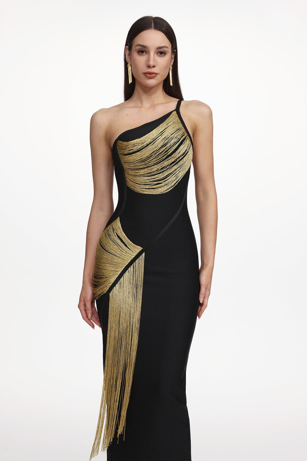 Roanna One Shoulder Sleeveless Golden Tassels Bandage Maxi Dress Avalabel