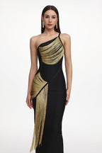 Roanna One Shoulder Sleeveless Golden Tassels Bandage Maxi Dress Avalabel