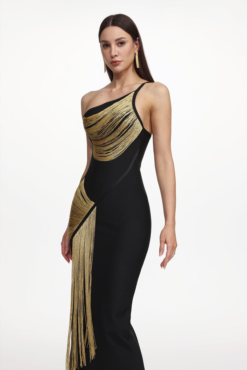 Roanna One Shoulder Sleeveless Golden Tassels Bandage Maxi Dress Avalabel