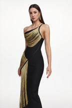 Roanna One Shoulder Sleeveless Golden Tassels Bandage Maxi Dress Avalabel