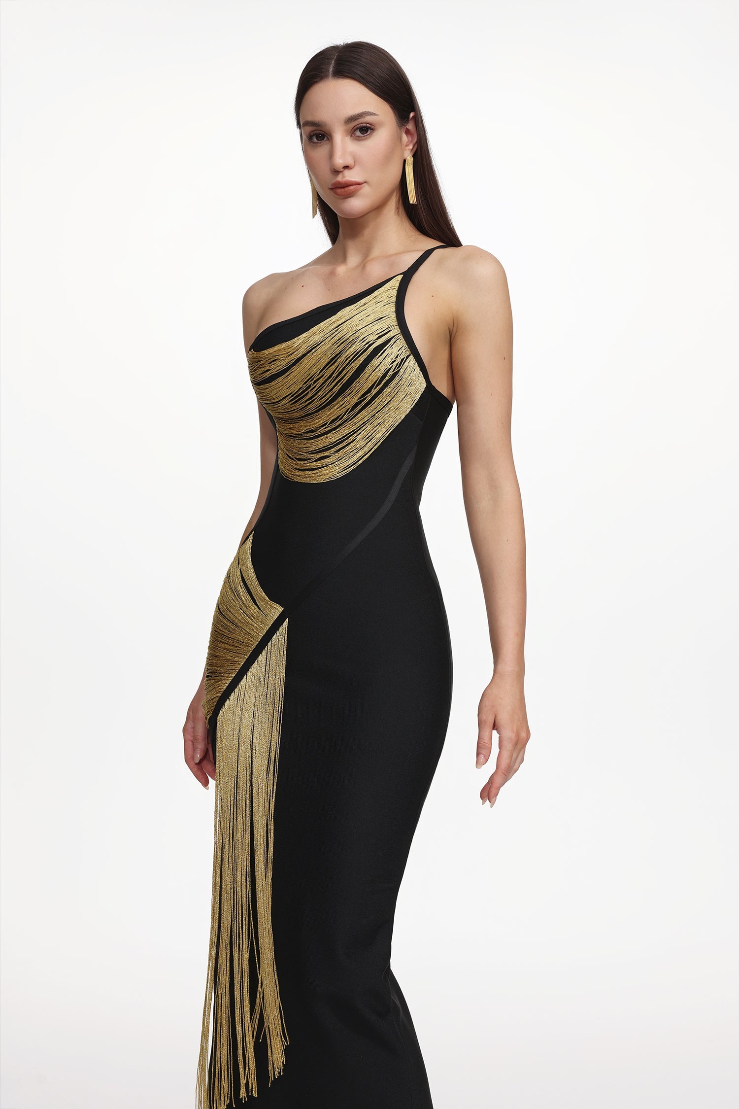 Roanna One Shoulder Sleeveless Golden Tassels Bandage Maxi Dress Avalabel