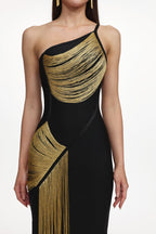 Roanna One Shoulder Sleeveless Golden Tassels Bandage Maxi Dress Avalabel