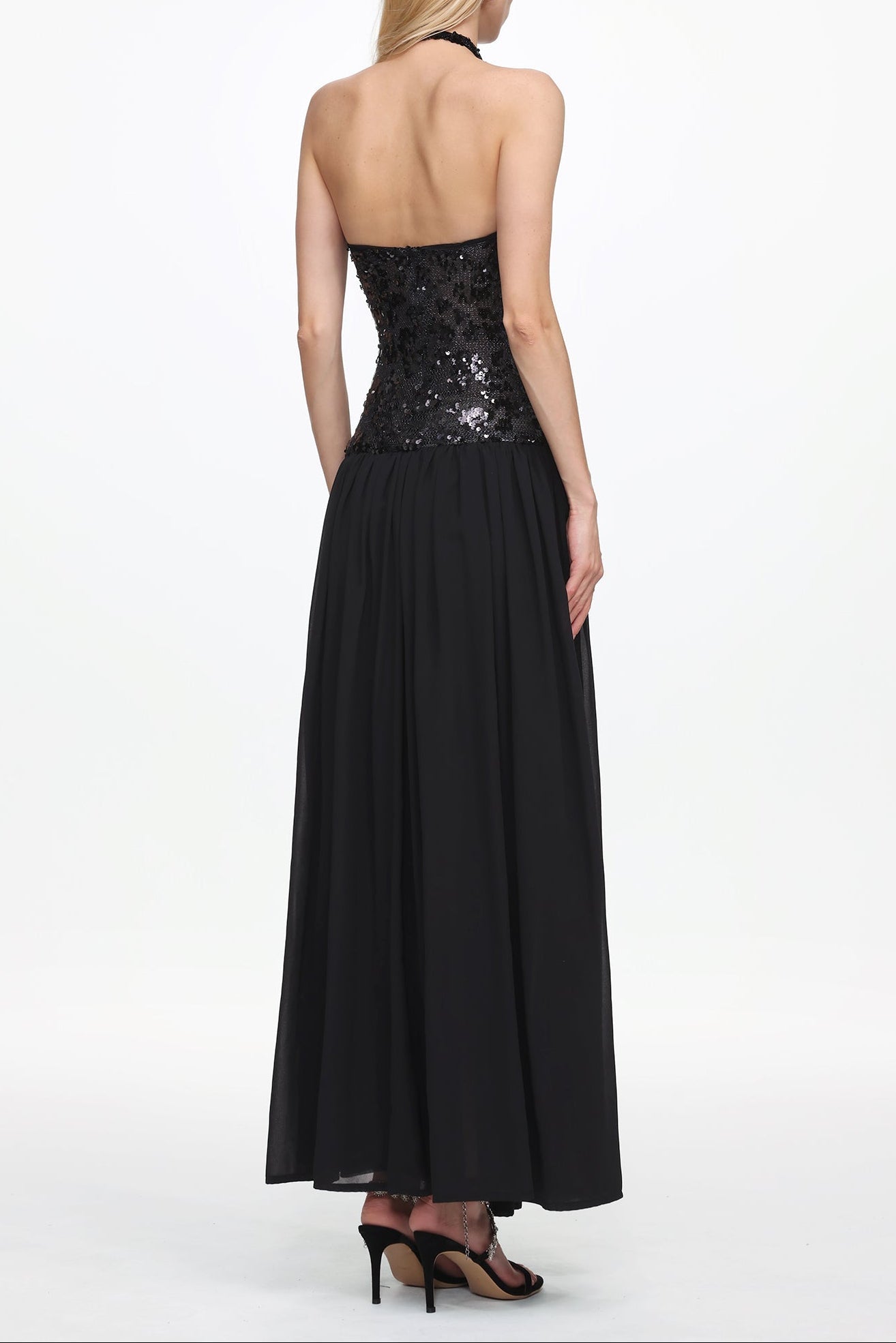 Encho Halter Ruched Mesh Sequin Maxi Dress Avalabel